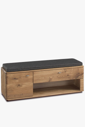 Tömör tölgy előszobai pad fiókkal és ajtóval, párnával, 126 cm